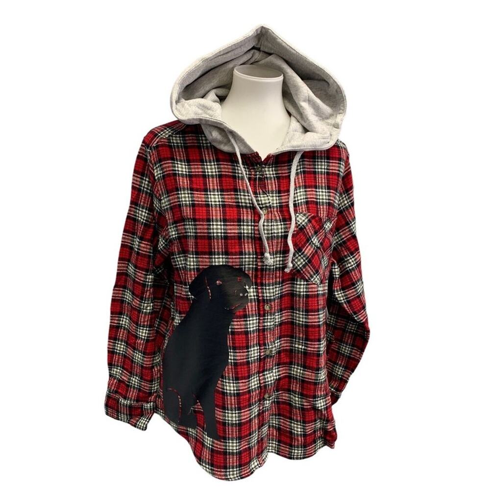 New Hand Printed Womens XXL Black Lab Dog Long Sleeve Plaid Flannel Hoodie - Picture 1 of 6